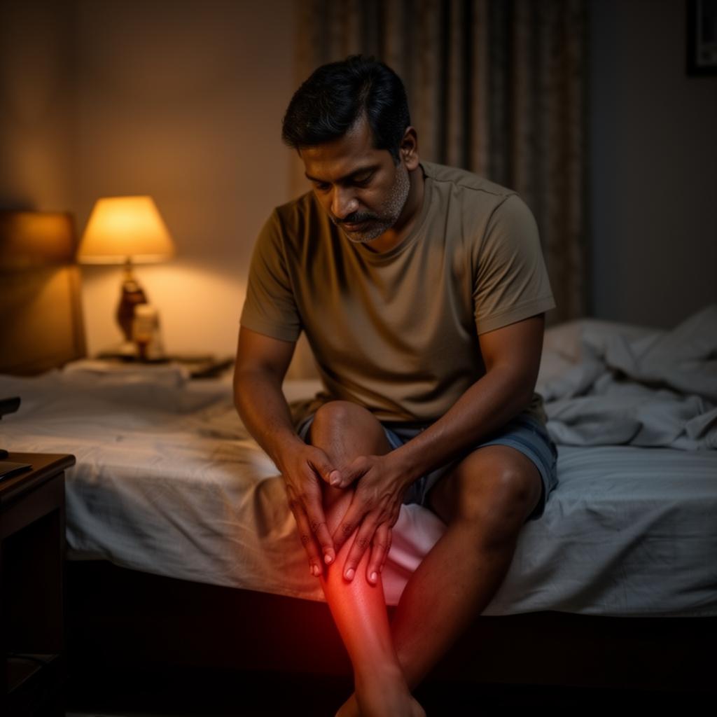 Person massaging an aching, heavy leg at night
